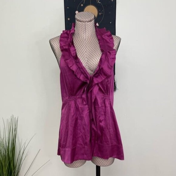 BCBGMaxAzria Silk Ruffled Deep Plunge Halter Top Sleeveless Size L Purple - Picture 1 of 3